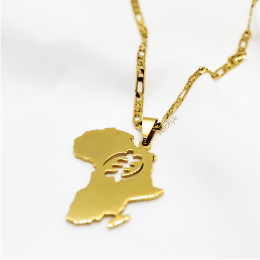 The Gye Nyame necklace is a simple yet elegant necklace celebrating Africa and its glory. The Gye Nyame symbol has been carefully sculpted at the centre of Africa and dipped in 18k gold plating.