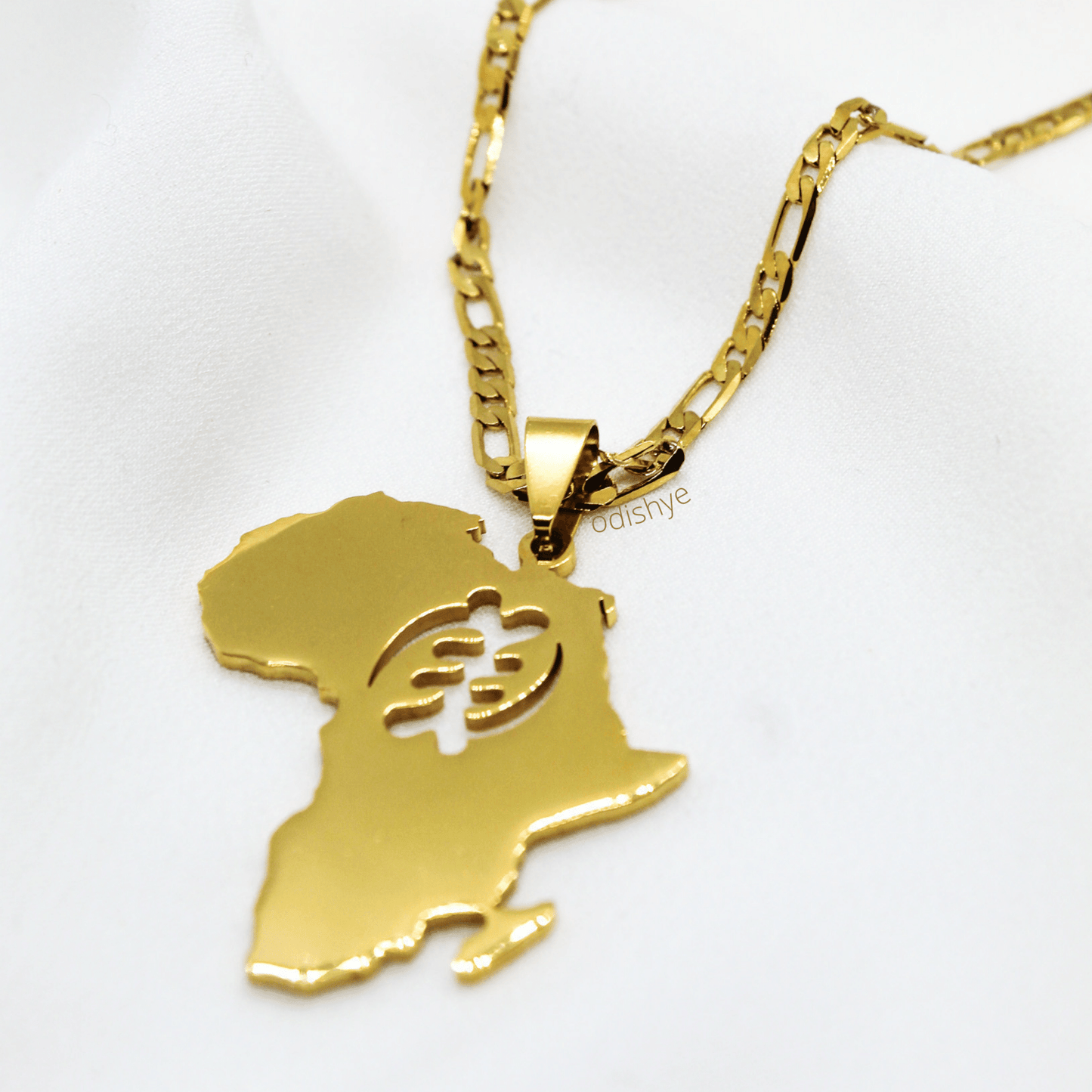 The Gye Nyame necklace is a simple yet elegant necklace celebrating Africa and its glory. The Gye Nyame symbol has been carefully sculpted at the centre of Africa and dipped in 18k gold plating.